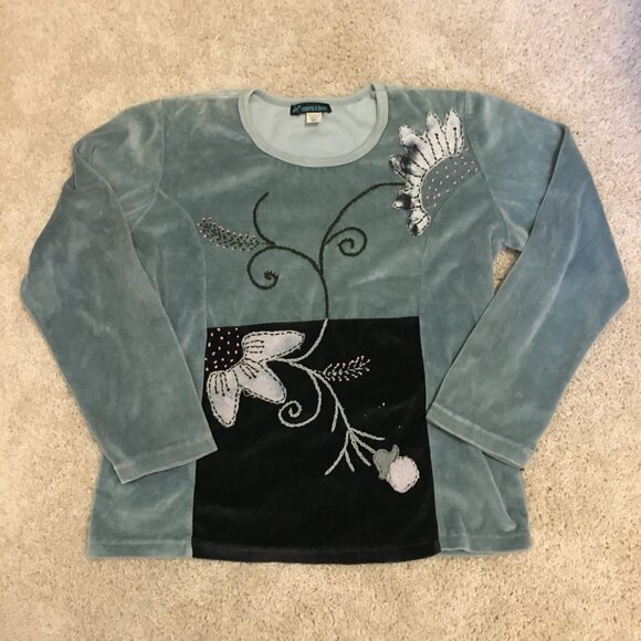 Sage Leopards & Roses Soft Terry Flower Embroidered Velour Sweater - Picture 9 of 15